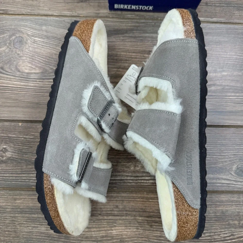 Birkenstock Mens Size 43 Arizona Fur Stone Coin Suede Shearling Sandals New